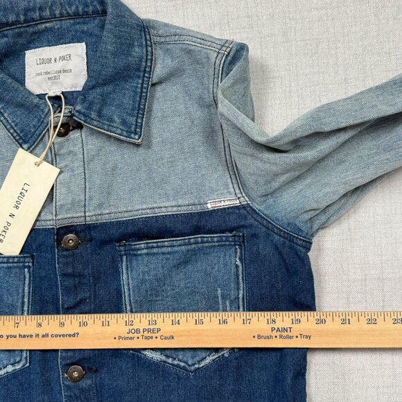 Liquor N Poker Cut and Sew Denim Jacket Colorblock Blue Cotton Size L NWT - Picture 7 of 14